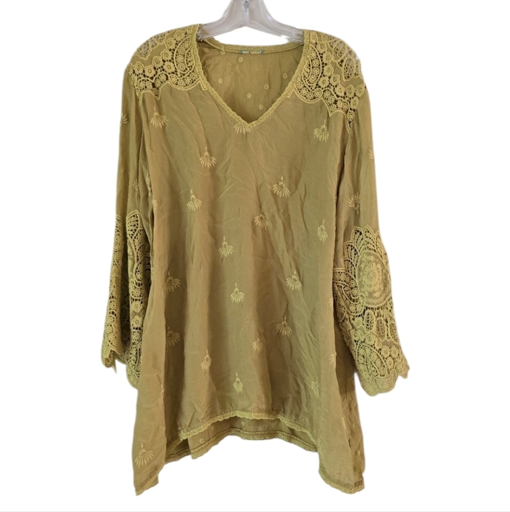 JOHNNY WAS Lace-Trimmed Yellow Women's Top‎  Green Size Large